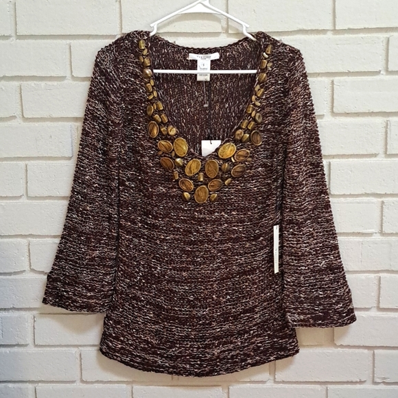 Vertigo Paris Brown/Cream Stone Detail V-Neck Sweater. Size Small NWT - Picture 7 of 10